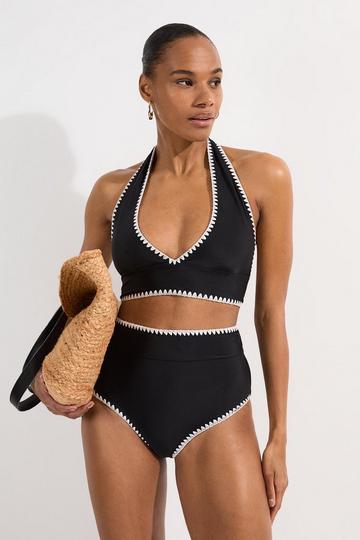 Stitch Detail High Waisted Bikini Bottoms black
