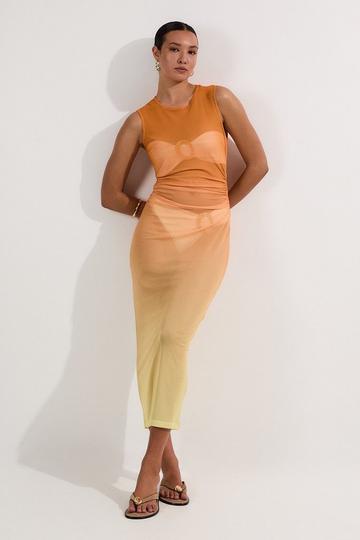 Ombre Mesh Ruched Beach Dress orange