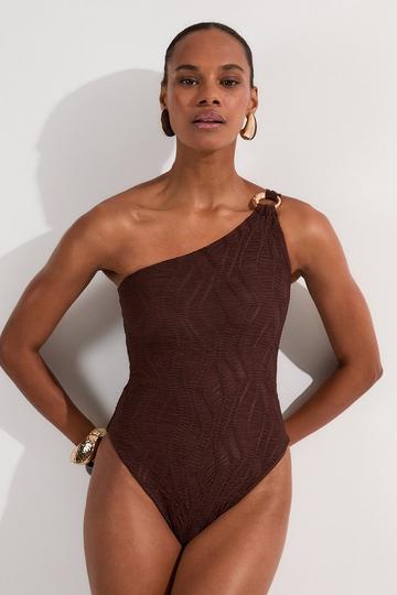Textured One Shoulder Cut Out Swimsuit chocolate