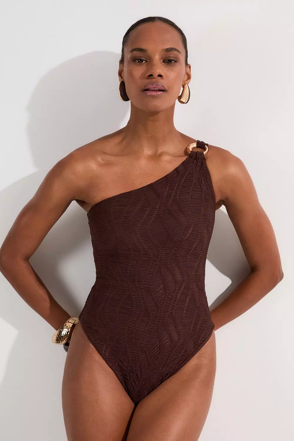 Cream Textured One Shoulder Cut Out Swimsuit alternative image