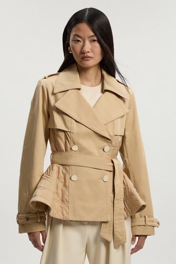 Quilted Padded Peplum Short Trench Coat camel