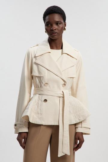 Quilted Padded Peplum Short Trench Coat ivory