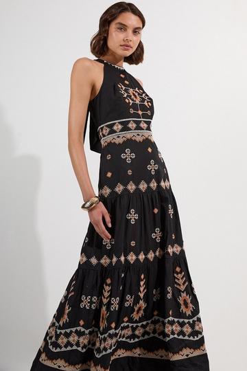 Black Cotton Embroidered Woven Halter Maxi Dress