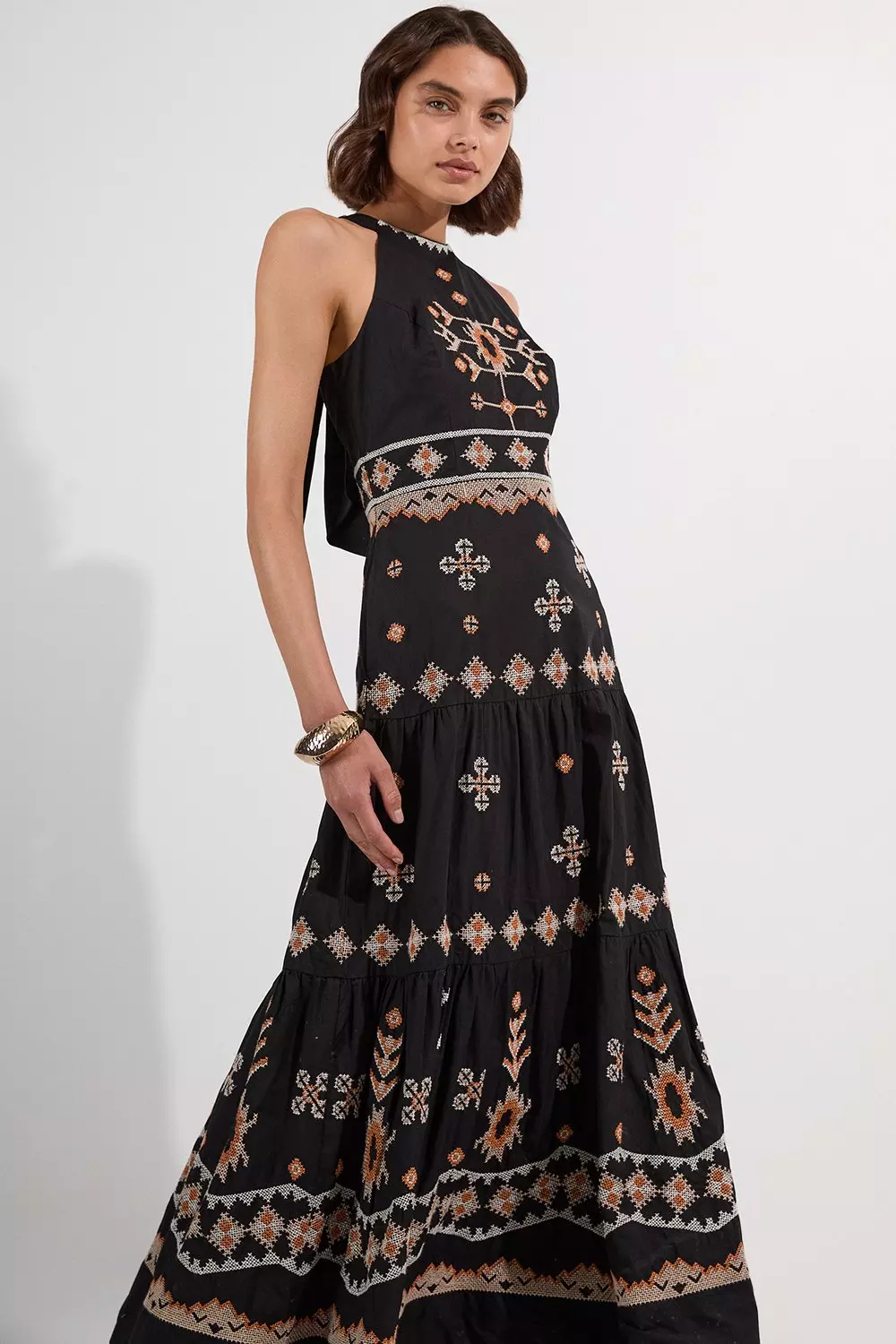 【Karen Millen】 レオパード柄 ホルターネック マキシドレス Petite Fringed Beaded Halter Neck Woven Maxi Dress | Karen
