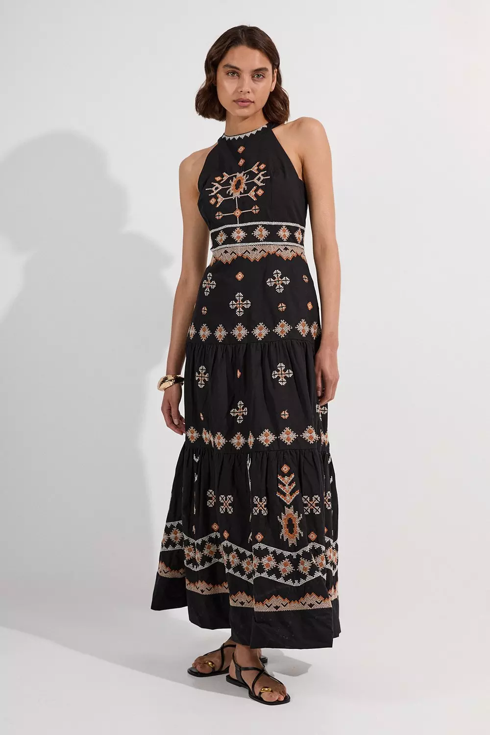 Cotton Embroidered Woven Halter Maxi Dress | Karen Millen