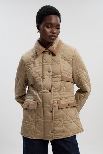 Quilted Padded Cord Mix Short Coat camel