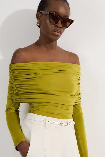 Drapey Slinky Jersey Bardot Long Sleeve Bodysuit lime