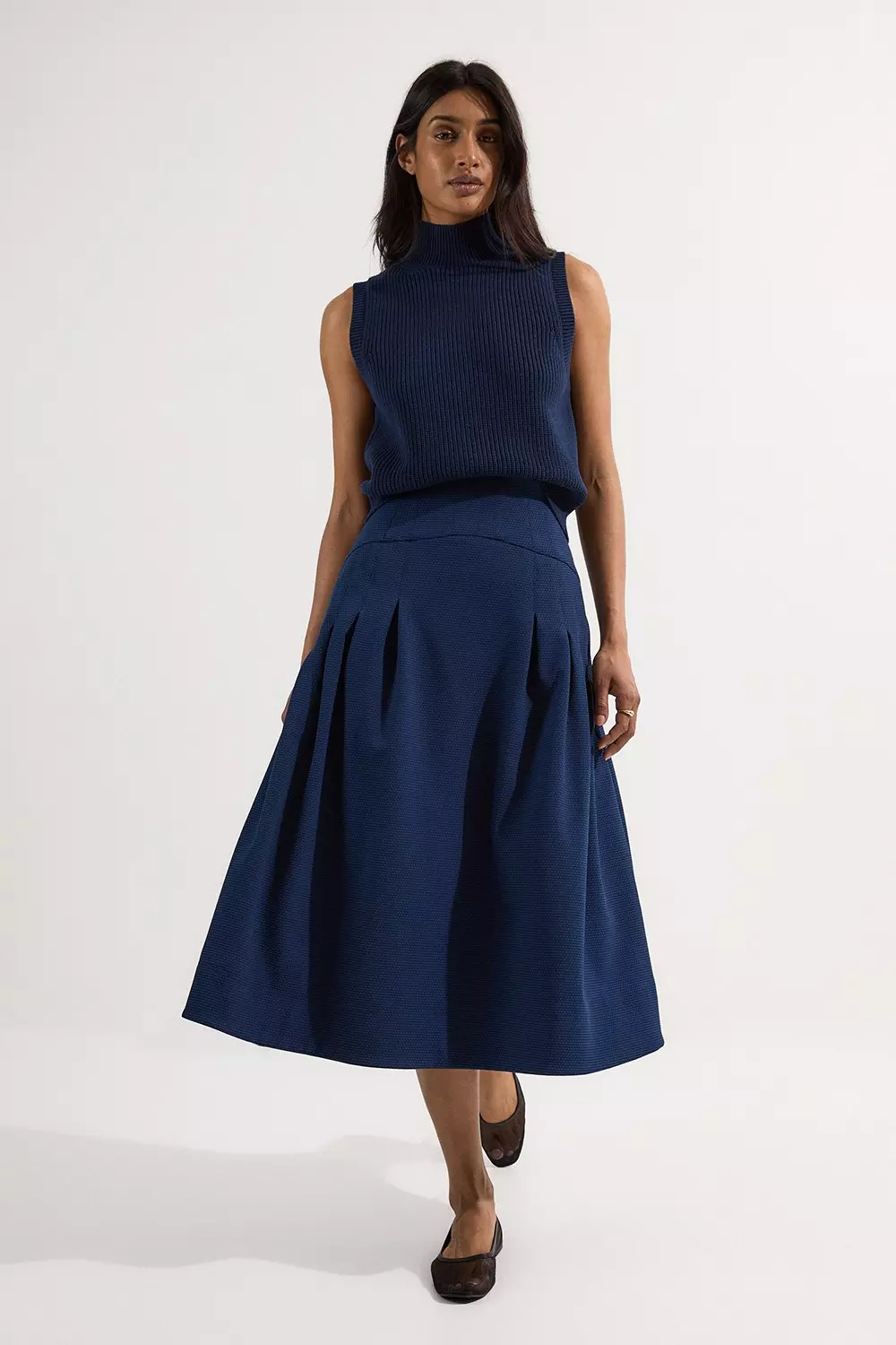 Navy Tailored Textured Full Midi Skirt alternative image