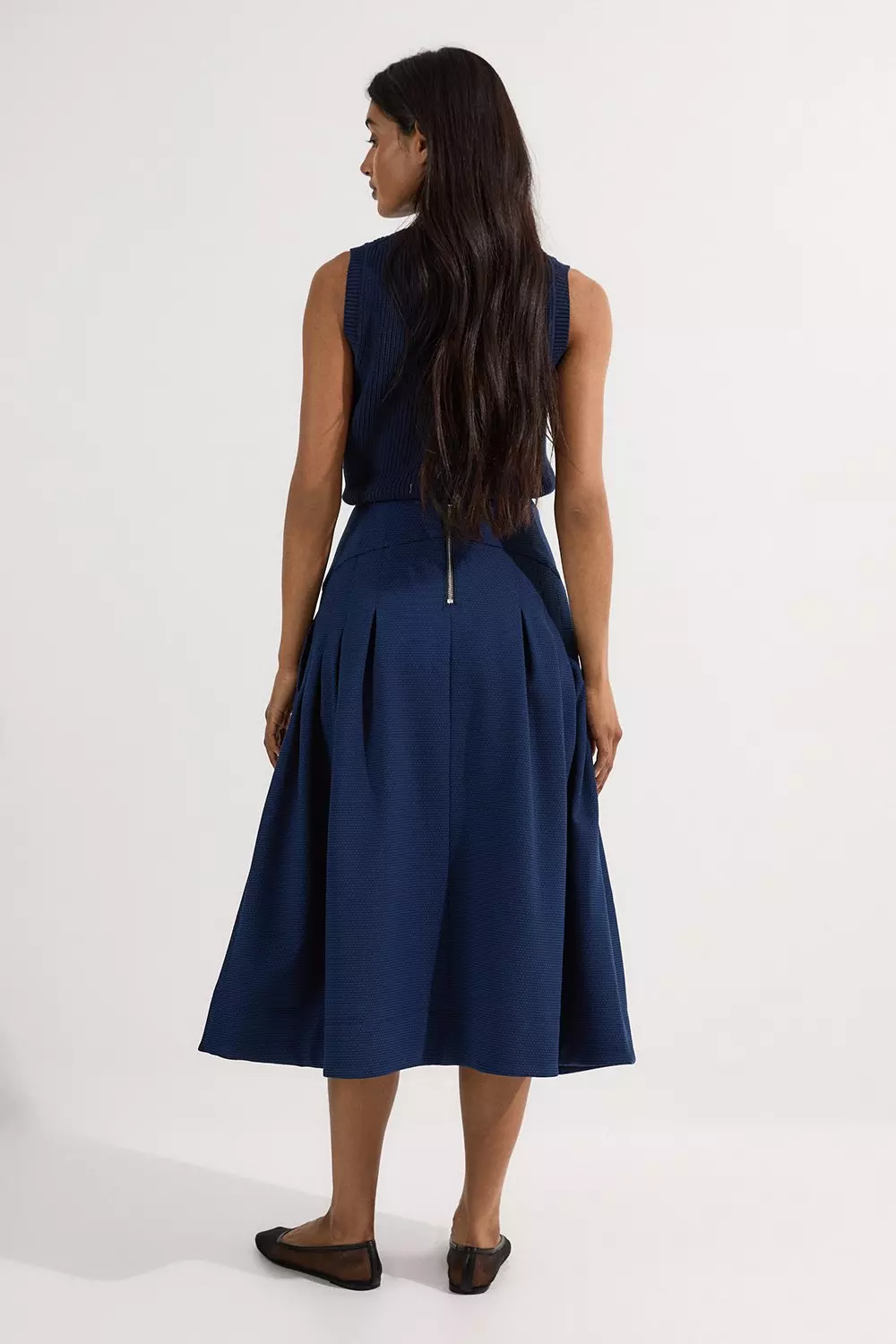 Navy Tailored Textured Full Midi Skirt alternative image