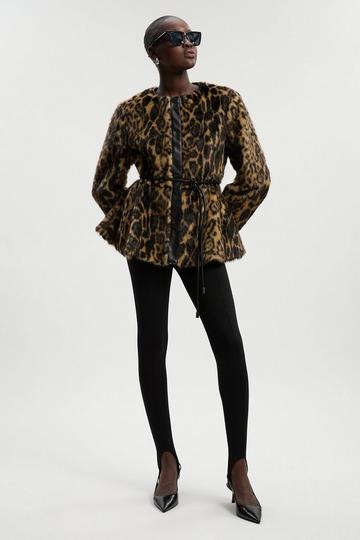 Faux Fur Leopard Collarless Coat multi