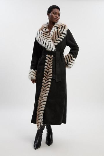 Petite Faux Shearling Contrast Collar & Cuff Belted Maxi Coat black