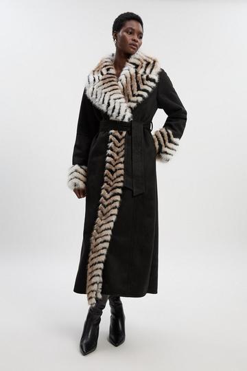Faux Shearling Contrast Collar & Cuff Belted Maxi Coat black
