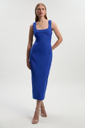 Tailored Scuba Corset Strappy Midi Pencil Dress cobalt