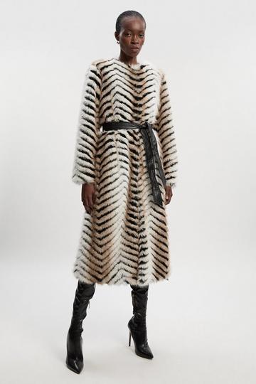 Zig Zag Faux Fur Collarless Belted Long Coat multi