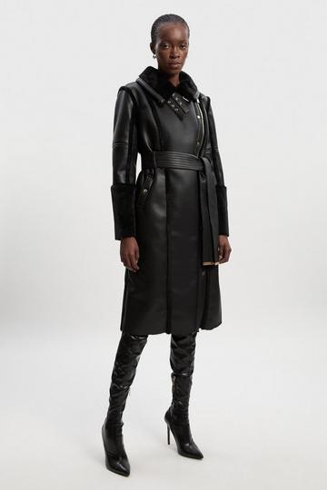 Black Faux Fur Buckle Detail Belted Biker Midi Coat