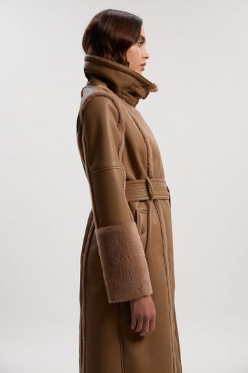 Faux Fur Buckle Detail Belted Biker Midi Coat mink