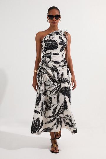 Tall Palm Border Print Cotton Voile One Shoulder Midi Dress mono