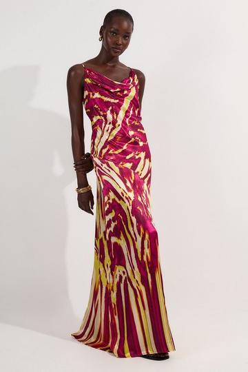 Viscose Satin Border Print Strappy Woven Maxi Dress multi