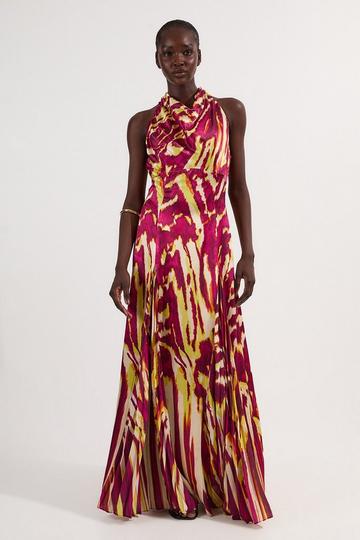 Viscose Satin Border Print Halter Neck Woven Maxi Dress multi