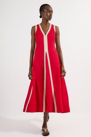 Contrast Linen Plunge Neck Woven Maxi Dress red