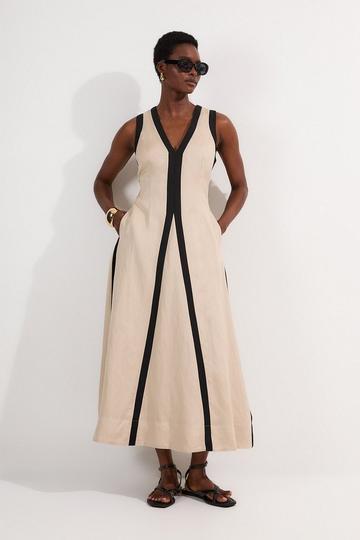 Contrast Linen Plunge Neck Woven Maxi Dress stone