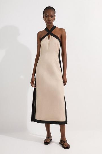 Contrast Linen Halter Neck Woven Maxi Dress stone