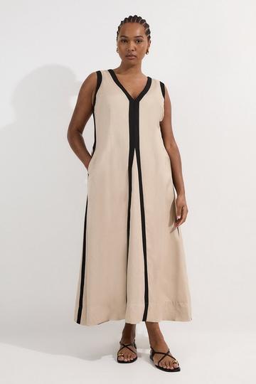Plus Size Contrast Linen Plunge Neck Woven Maxi Dress stone