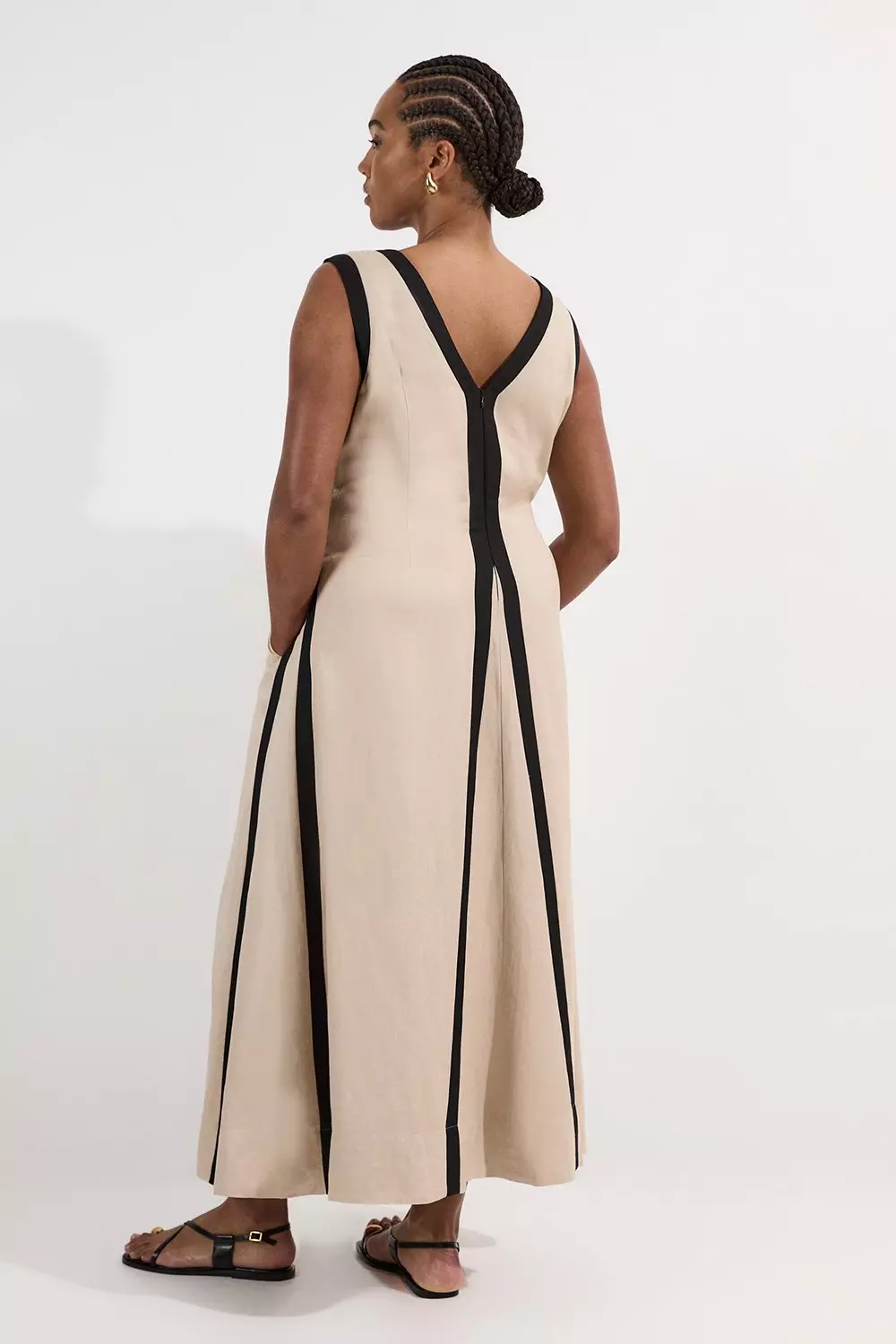 N_N桃ブラック38 Plus Size Linen Viscose Colour Block Plunge Neck Woven Maxi