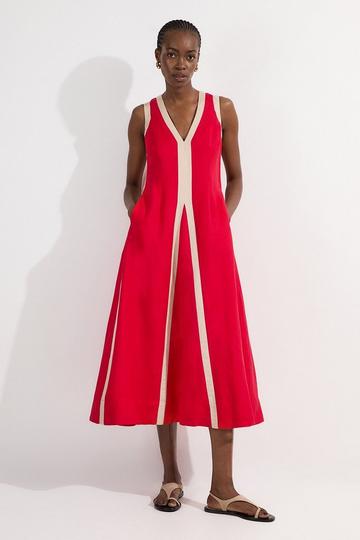 Petite Contrast Linen Plunge Neck Woven Maxi Dress red