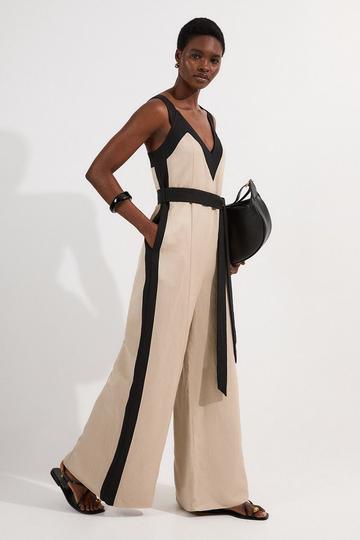 Contrast Linen Cross Back Woven Jumpsuit stone