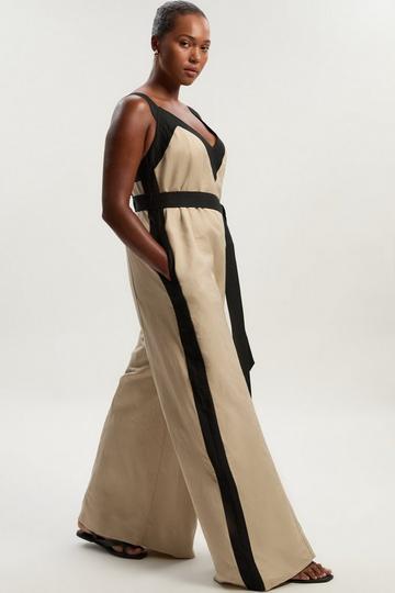 Plus Size Contrast Linen Cross Back Woven Jumpsuit stone