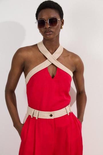 Contrast Linen Halter Neck Woven Top red
