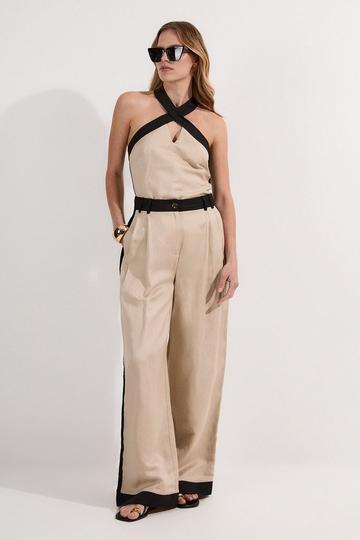 Petite Contrast Linen Woven Trouser stone