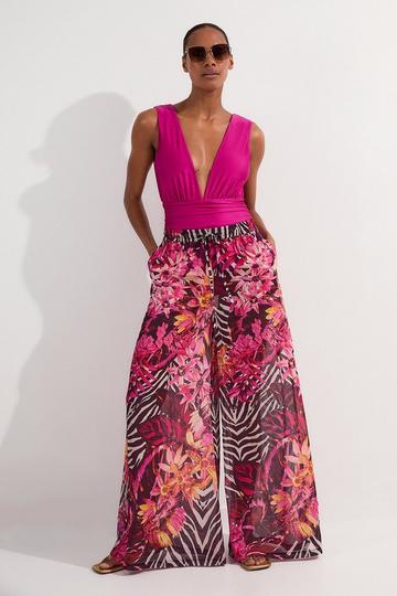 Beach Tropical Georgette Wide Leg Woven Trouser hot pink