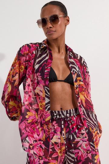 Beach Tropical Viscose Georgette Beach Shirt hot pink
