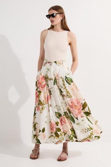 Floral Viscose Linen High Waisted Woven Maxi Skirt white