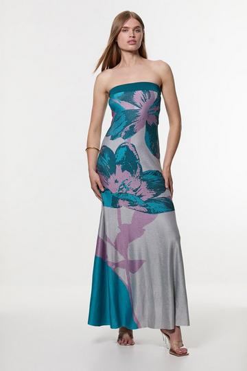Placement Floral Jacquard Slinky Knit Bandeau Midi Dress blue