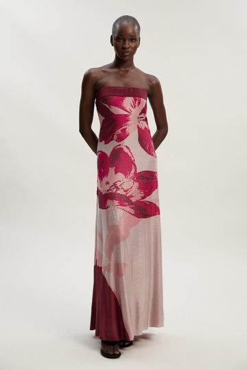 Placement Floral Jacquard Slinky Knit Bandeau Midi Dress pink
