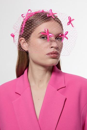 Mesh Bow Detailed Netting Fascinator pink