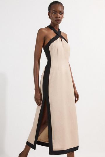 Petite Contrast Linen Halter Neck Woven Maxi Dress stone