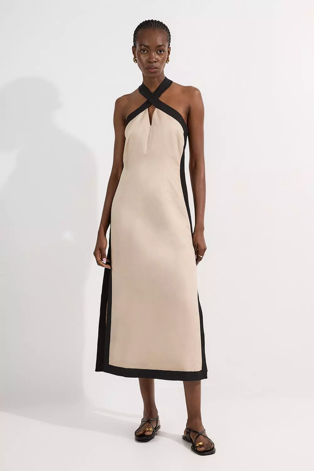 安心追跡【KAREN MILLEN】カラーブロック ホルターネック ドレス Petite Linen Viscose Colour Block Halter Neck Woven Maxi