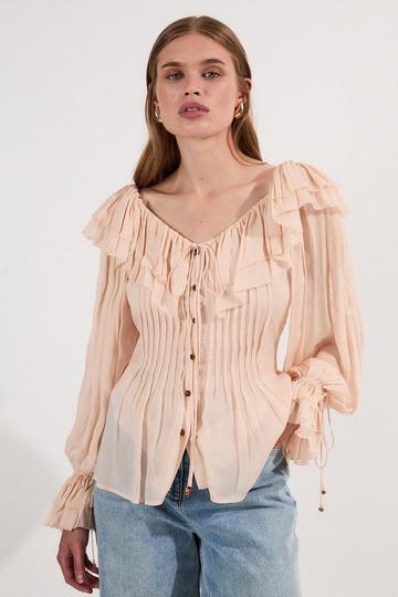 Crinkle Viscose Georgette Pin Tuck Detail Ruffle Woven Blouse champagne