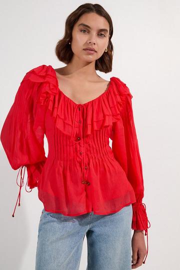 Red Crinkle Viscose Georgette Pin Tuck Detail Ruffle Woven Blouse