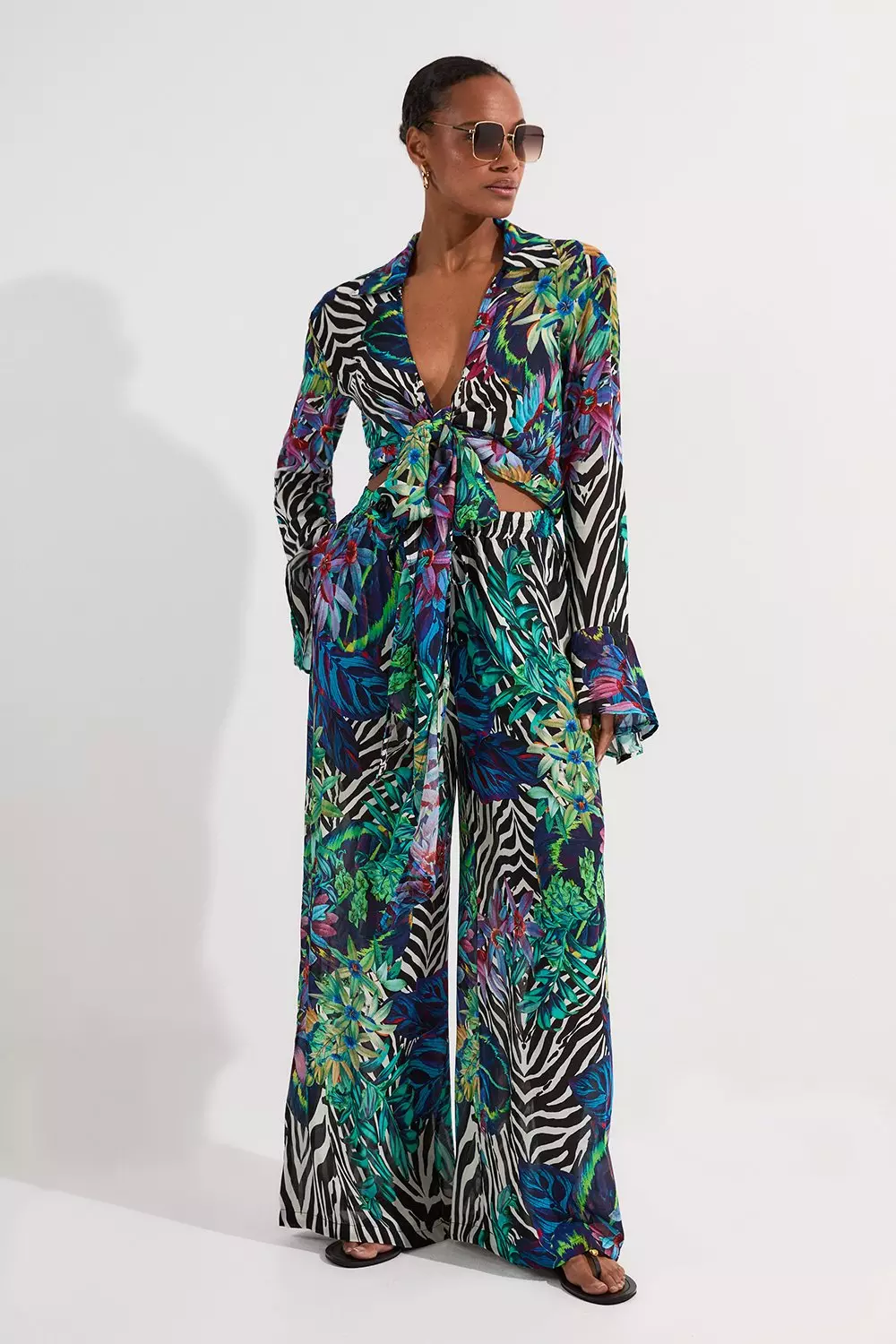 Floral Animal Viscose Georgette Beach Wrap Top | Karen Millen