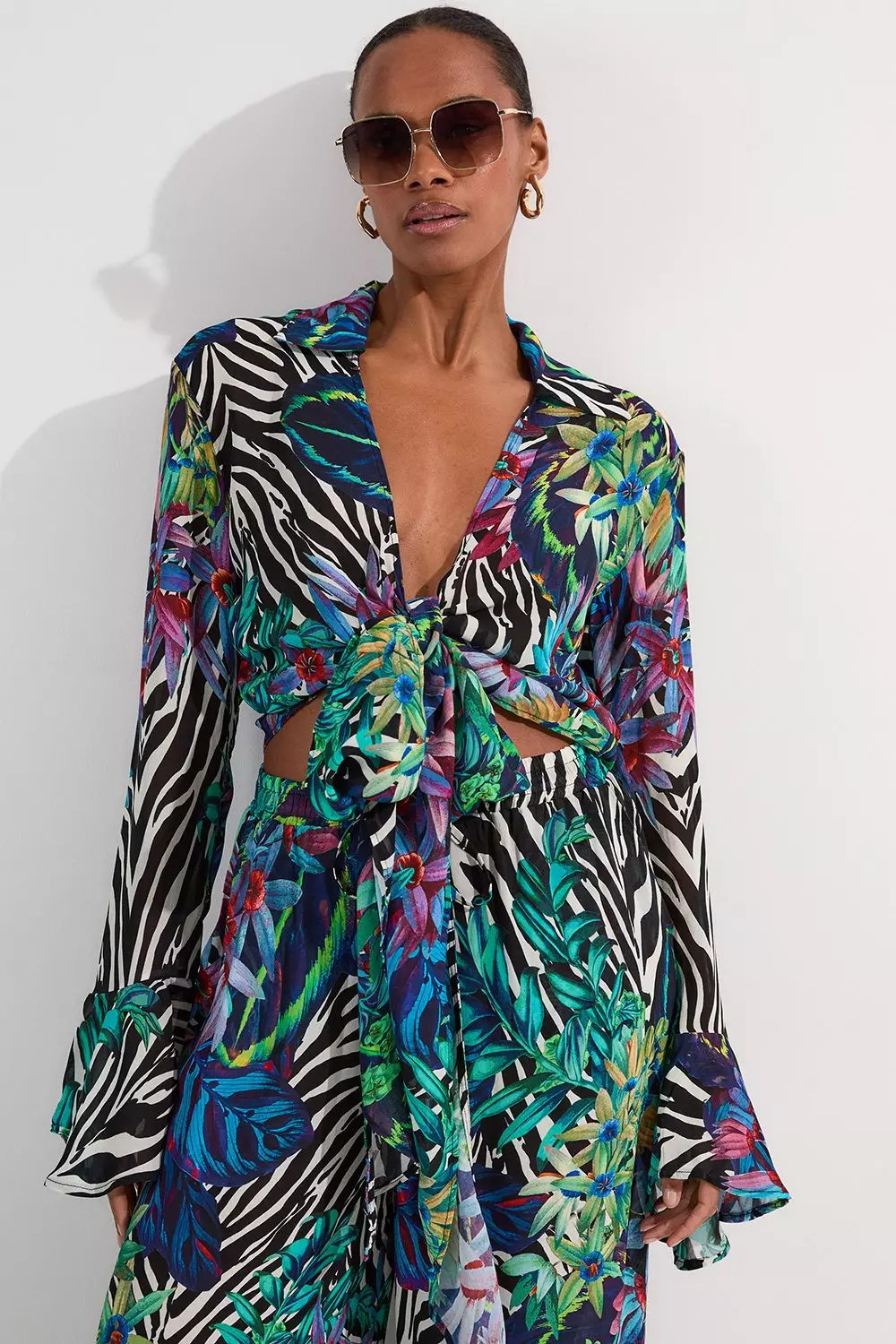 Floral Animal Viscose Georgette Beach Wrap Top | Karen Millen