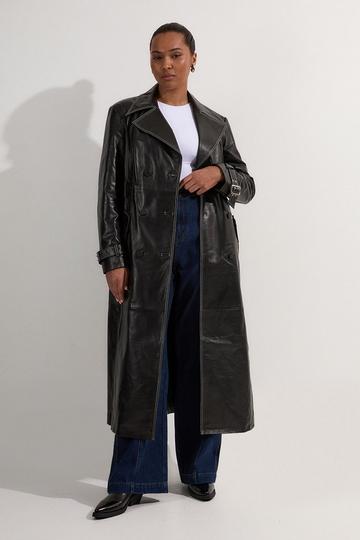 Plus Size Leather Stitch Detail Tailored Trench Coat black