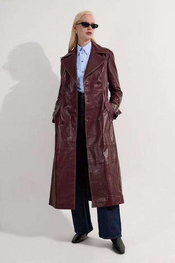 Leather Stitch Detail Tailored Trench Coat burgundy