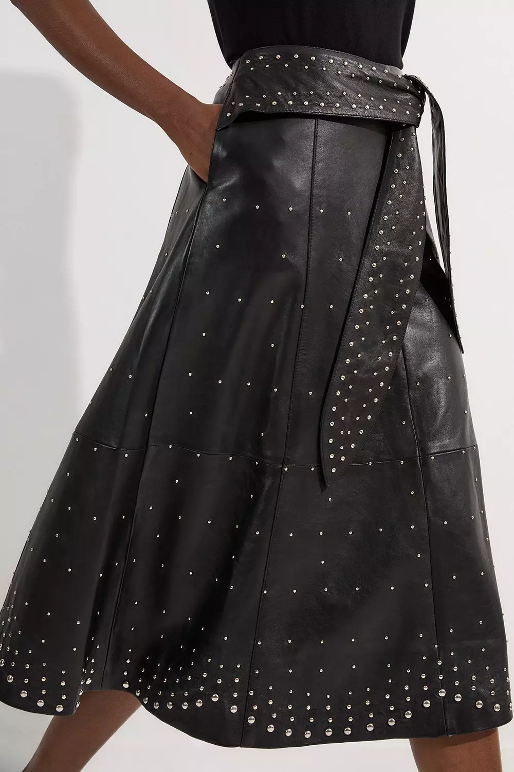 Black Studded Leather Tie Belted Full Midi Skirt alternative image
