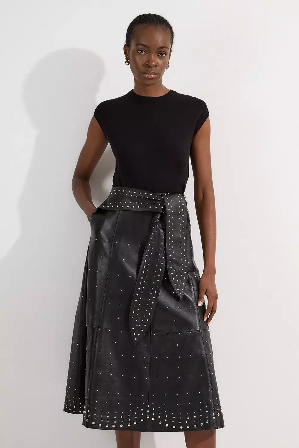 Black Studded Leather Tie Belted Full Midi Skirt alternative image