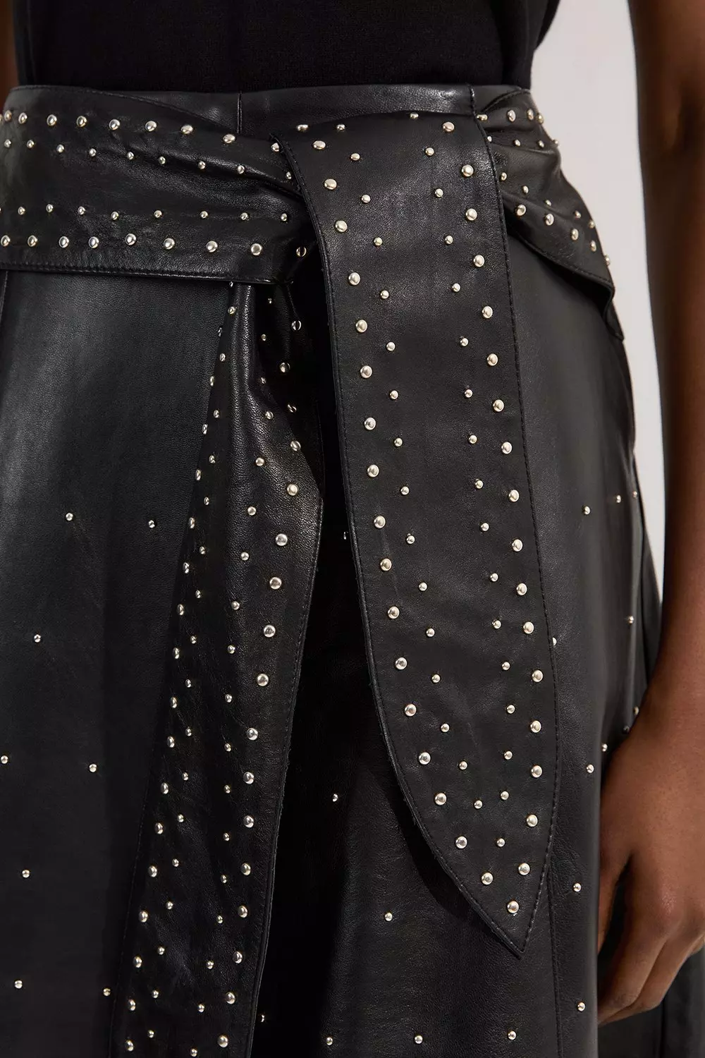 Black Studded Leather Tie Belted Full Midi Skirt alternative image